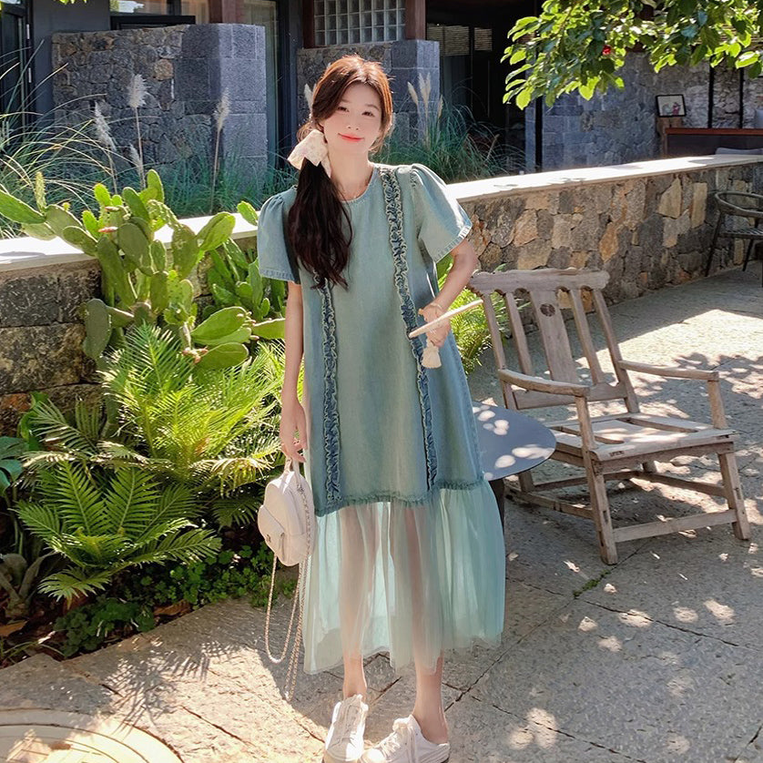 【ワンピース】クール系ハイセンス 配色デザイン デニム切替 半袖ワンピース【SHシリーズ】