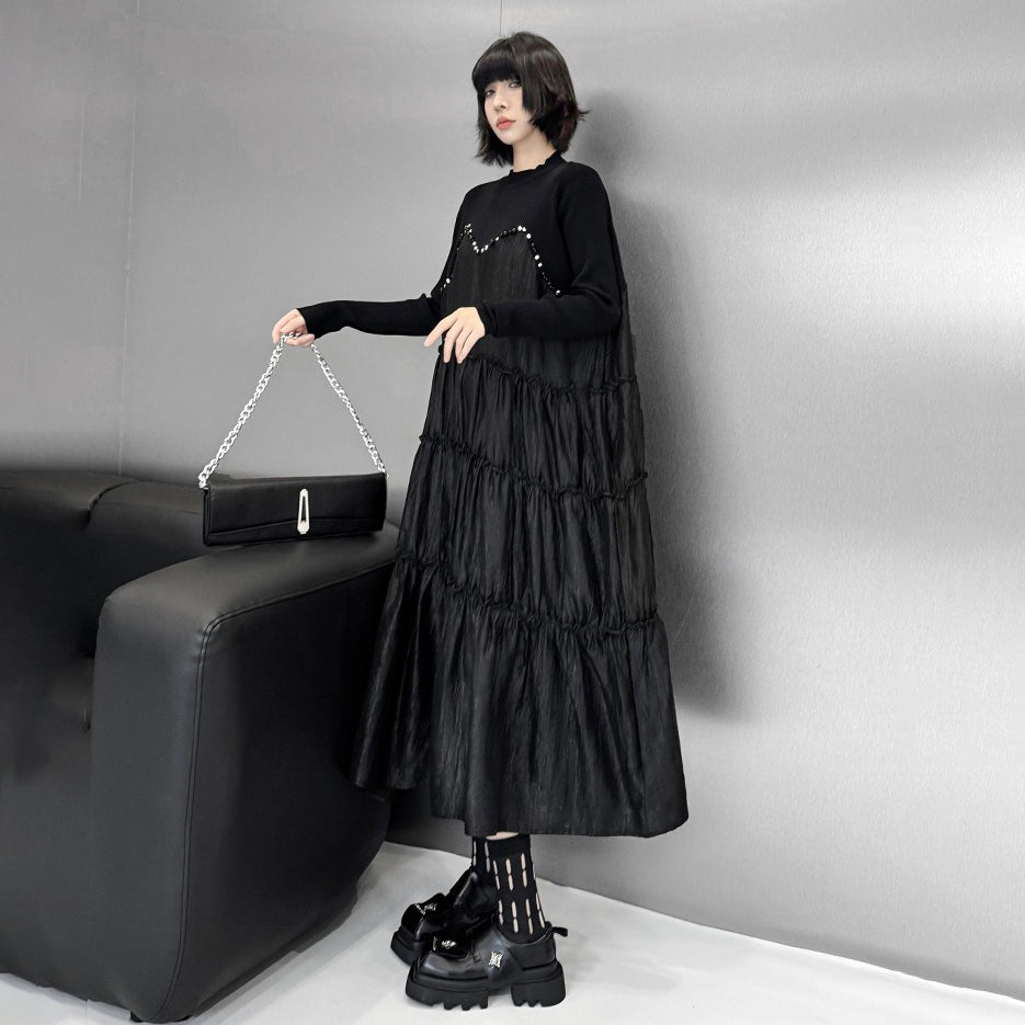 【ワンピース】新作 ニット切り替えワンピース レディース 体型カバー 細見え 優雅 小众デザイン 長袖ワンピース【AHシリーズ】