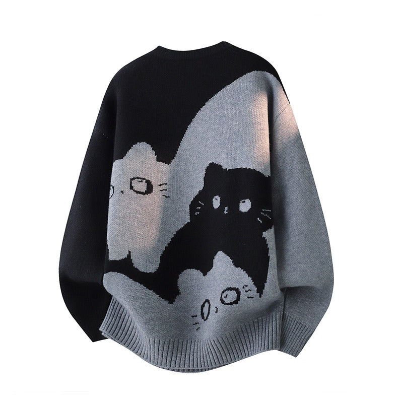【トップス】カートゥーン猫柄 裏起毛 ニット 秋冬 メンズ レディース 高級感 ユニセックス【FCシリーズ】