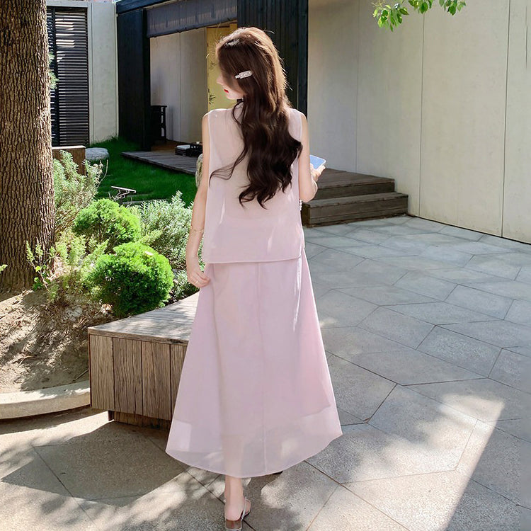 2点セット！【セットアップ】ピンク フリル Vネック トップス＋チュールスカート 上下セット レディース 夏新作 フェミニン きれいめ【JZシリーズ】