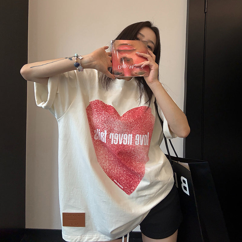 【トップス】古着風 ラブハートデザインTシャツ 綿100％ レディース オーバーサイズ 夏 半袖【FCシリーズ】