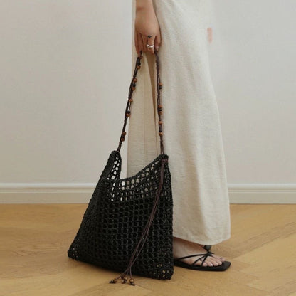 【バッグ】夏 ビーチ PP編みバッグ ビーズ装飾 ヴィンテージ 大容量 ショルダーバッグ