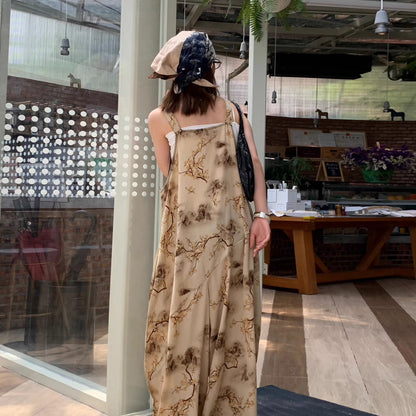【ボトムス】夏 ゆったりカジュアル お洒落なアート風 山水画プリント ベージュ系オールインワン【SHシリーズ】