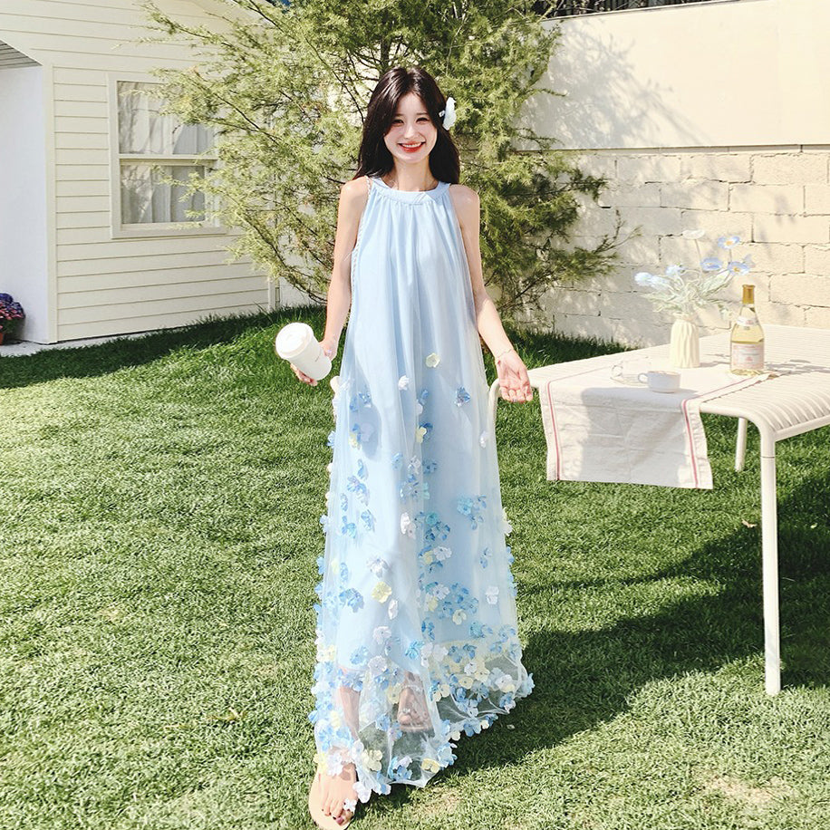 【ワンピース】夏 フレンチ風 かわいらしく優しい 立体花柄 ノースリーブワンピース【SHシリーズ】