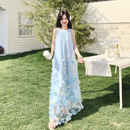 【ワンピース】夏 フレンチ風 かわいらしく優しい 立体花柄 ノースリーブワンピース【SHシリーズ】