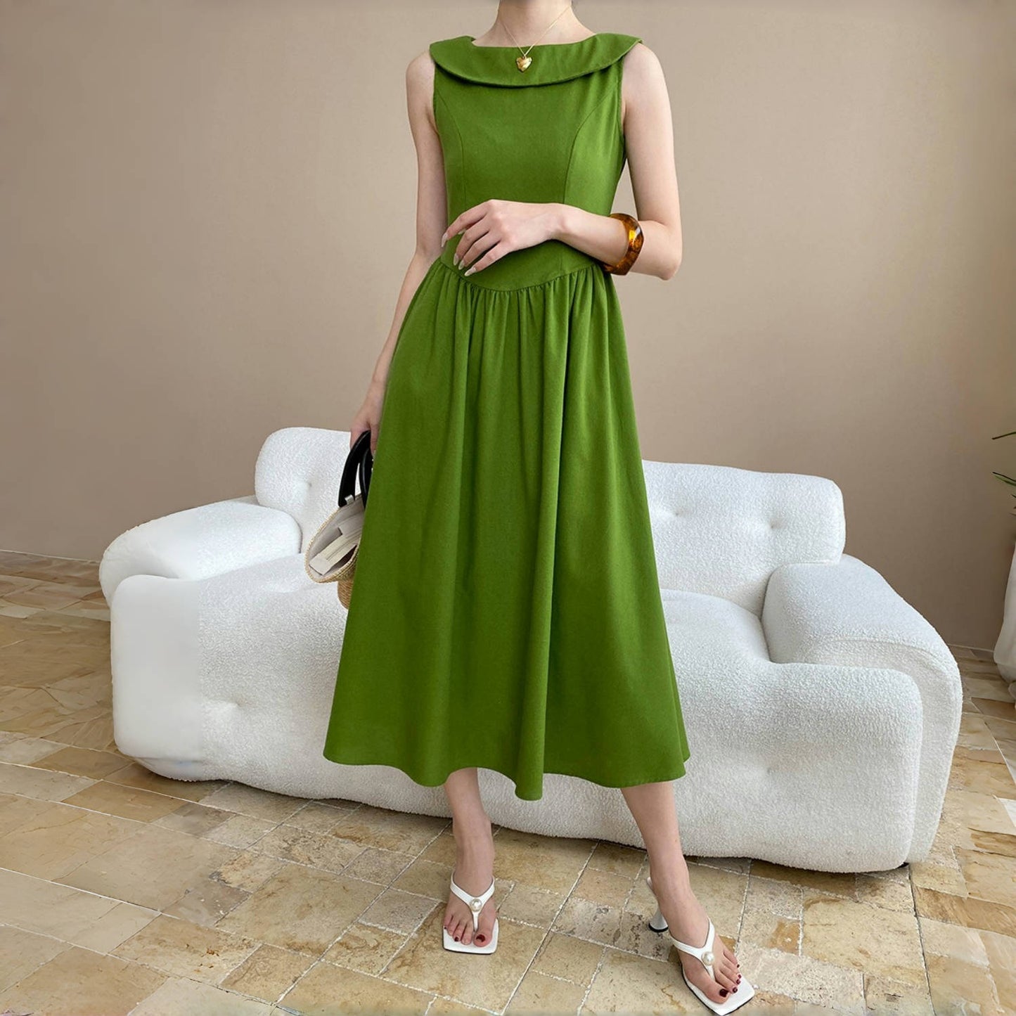 【ワンピース】夏 マンボ デザイン感 フレンチ フリル襟 ウエストマーク ノースリーブ ワンピース 【SNシリーズ】