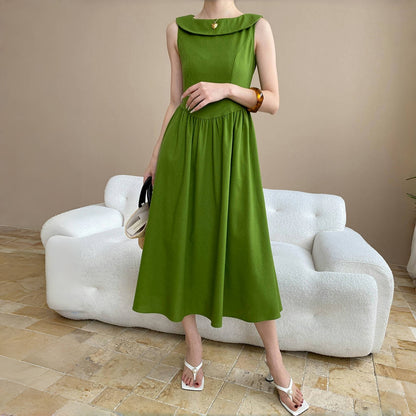 【ワンピース】夏 マンボ デザイン感 フレンチ フリル襟 ウエストマーク ノースリーブ ワンピース 【SNシリーズ】