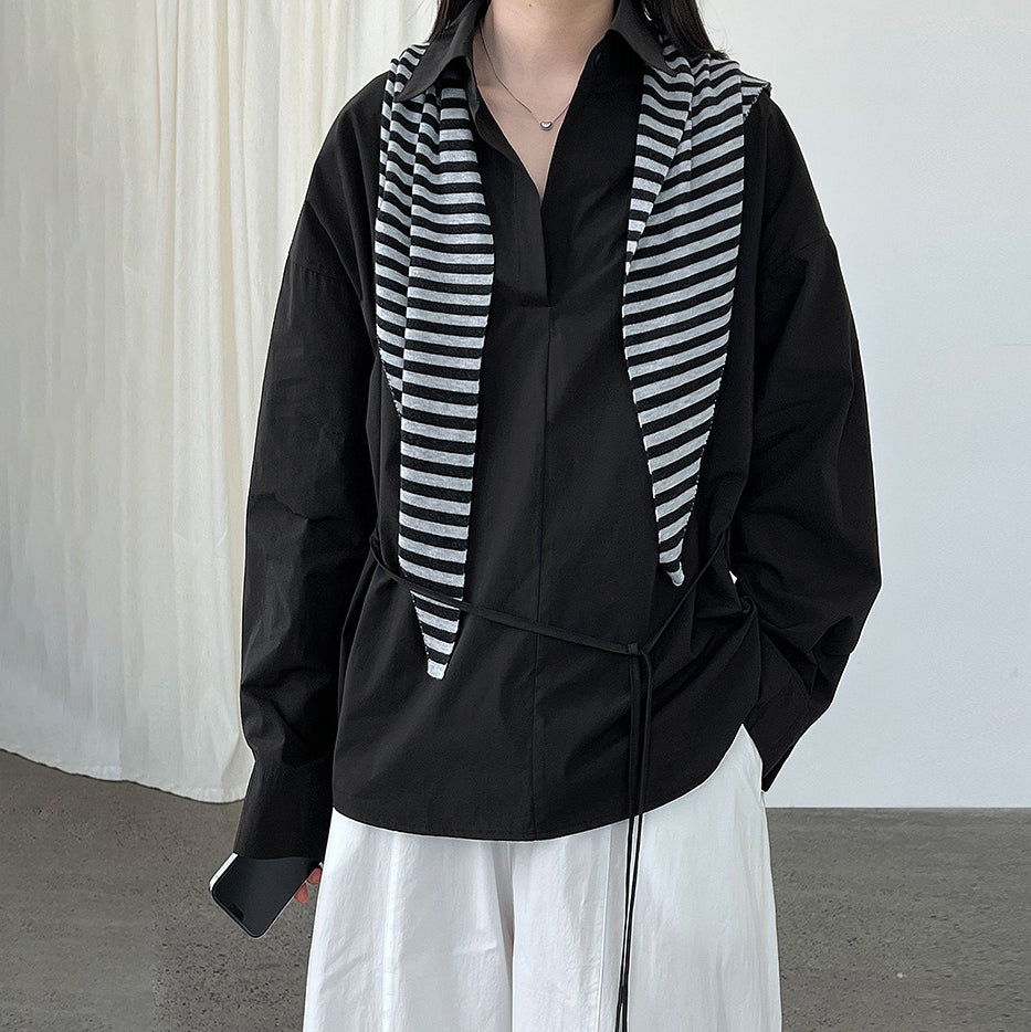 【トップス】韓国風 ポロカラー シャツ レディース 2025秋新作 ウエストリボン 美シルエット レトロブラウス【SNシリーズ】