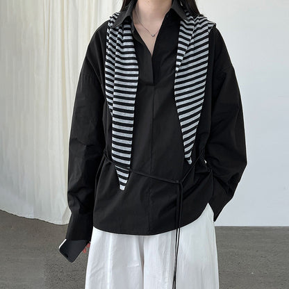 【トップス】韓国風 ポロカラー シャツ レディース 2025秋新作 ウエストリボン 美シルエット レトロブラウス【SNシリーズ】