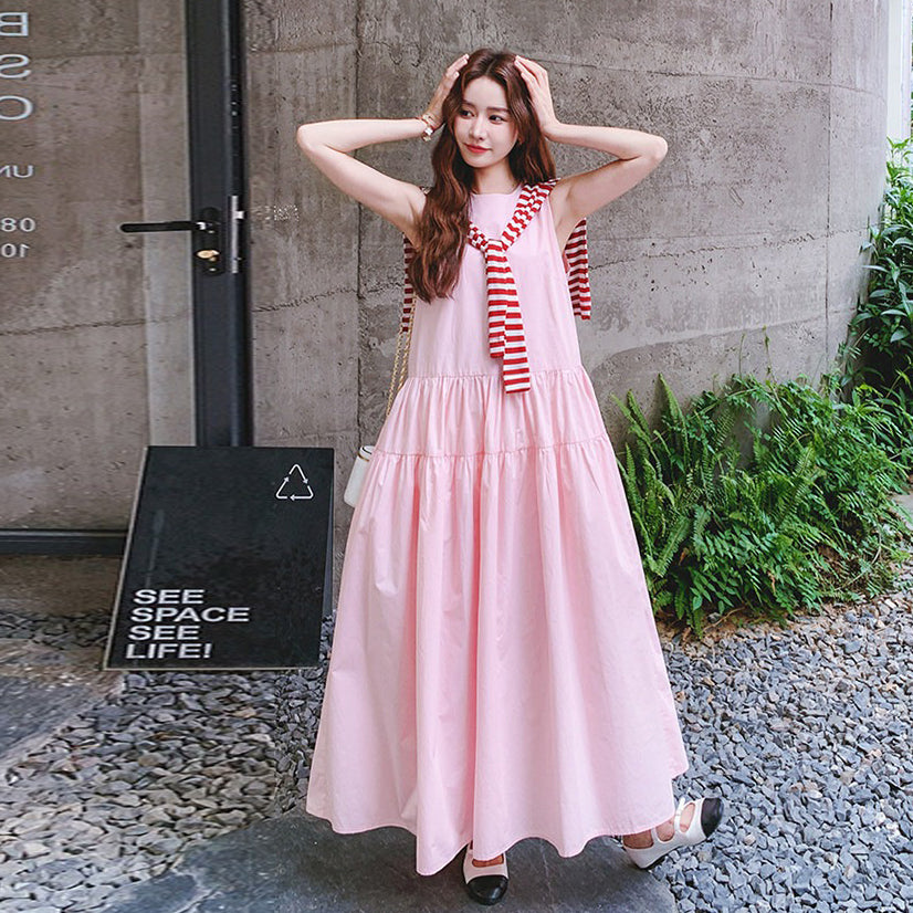 【ワンピース】フレンチ風 ピンク ノースリーブワンピース レディース 夏 ストライプ柄 ショール付き 上品 大人可愛い ロング丈【JZシリーズ】