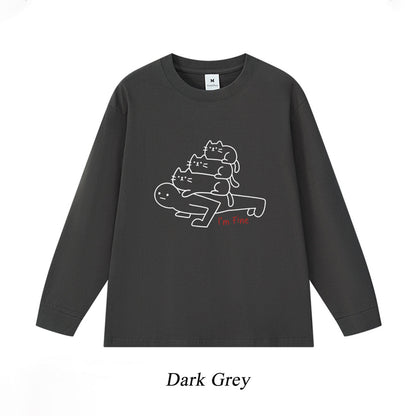 6カラー | S~3XL【トップス】猫からのプレッシャー プリント ロングTシャツ 春秋 ユニセックス ルーズ コットン【FCシリーズ】