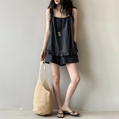 2点セット！【セットアップ】ストライプタンクトップシャツ＋ゆったりスリム効果のあるショートパンツ 上下セット【JZシリーズ】