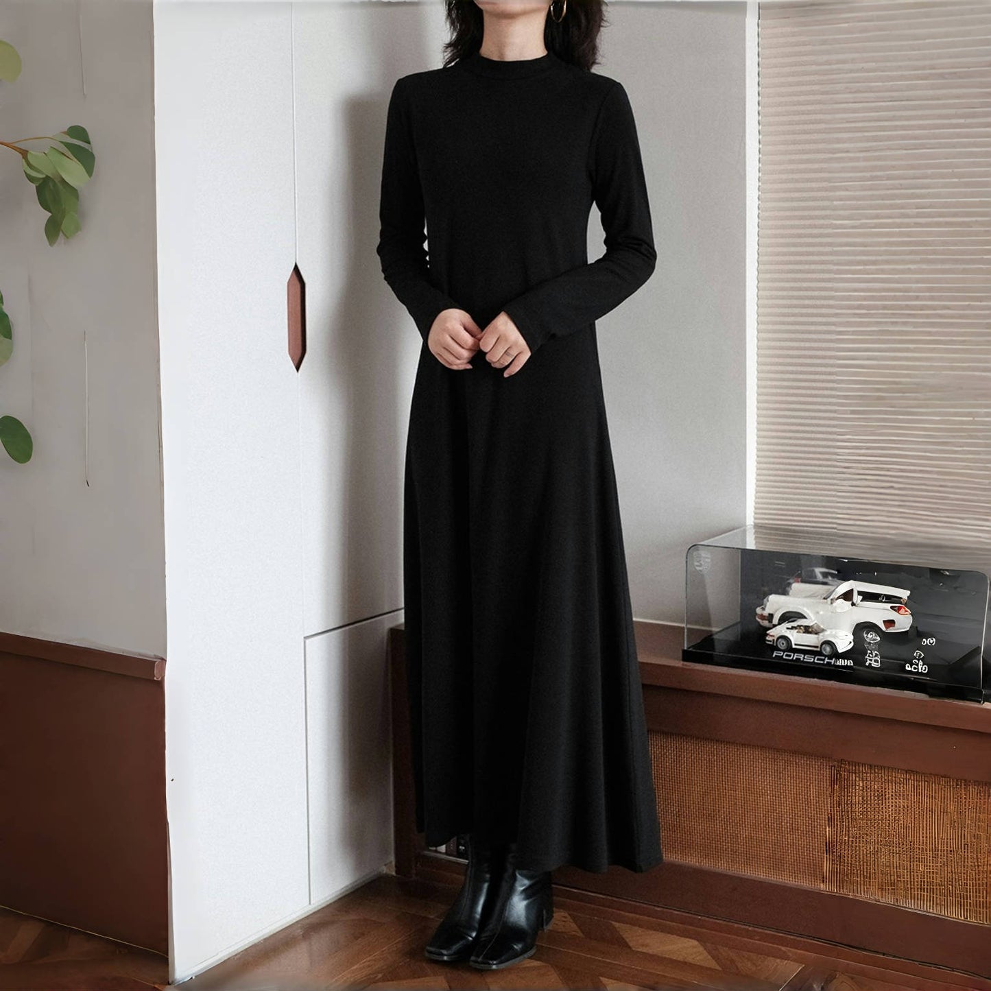 【ワンピース】春秋冬 合わせやすい シンプル ハイネック 長袖 ワンピース 【SNシリーズ】