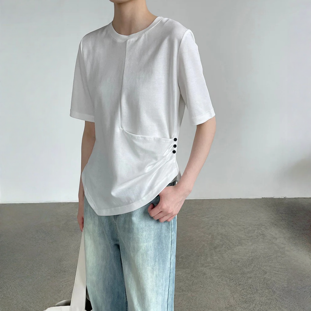 【トップス】ゆったり 細見え ボタン付き ラウンドネック 半袖 Ｔシャツ 【JZシリーズ】