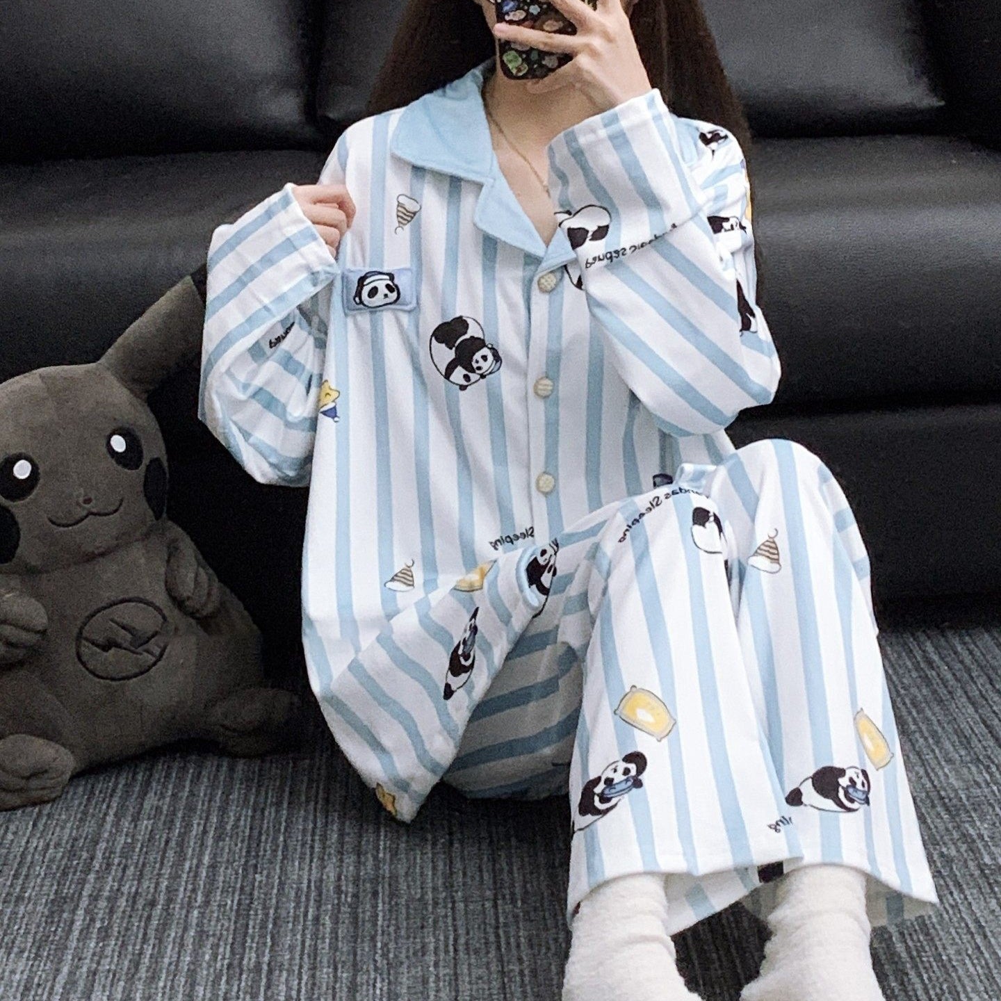 【インナー】かわいいパンダ ストライプ柄 アイランドフリース 薄手 ルームウェア レディース 秋冬