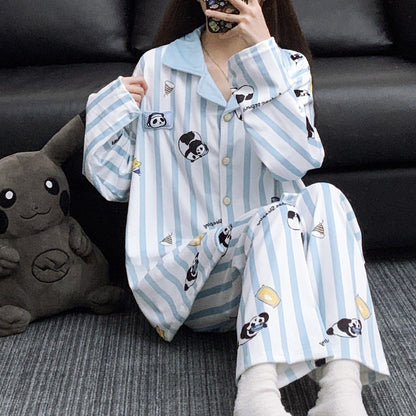 【インナー】かわいいパンダ ストライプ柄 アイランドフリース 薄手 ルームウェア レディース 秋冬