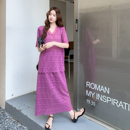 2点セット！【セットアップ】通勤気質  Vネックレース透かし彫りトップス＋万能ハイウエストスカート上下セット【SNシリーズ】