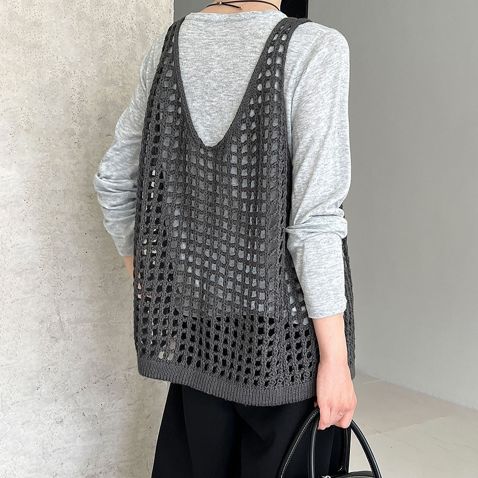 【トップス】ウール混 透かし編み ニットベスト｜Vネック×レイヤードに最適な秋トップス【JZシリーズ】