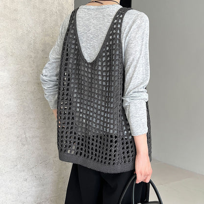 【トップス】ウール混 透かし編み ニットベスト｜Vネック×レイヤードに最適な秋トップス【JZシリーズ】