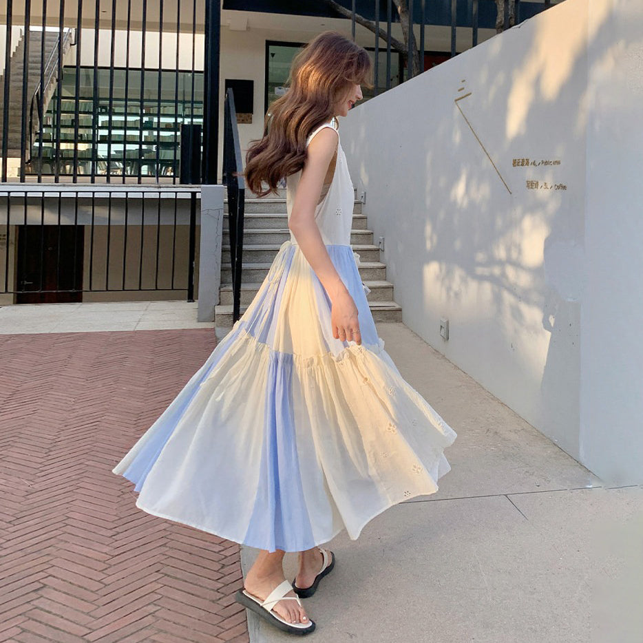 【ワンピース】配色 フリル ノースリーブワンピース レディース 夏 ロングワンピース ゆったり 体型カバー 人気 フレンチ風【SHシリーズ】