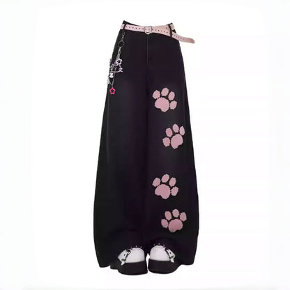 【ボトムス】猫の肉球 刺繍 海外トレンド 合わせやすい ワイドパンツ【FCシリーズ】