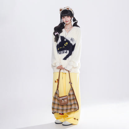 【トップス】猫刺繍 ニット レディース アメリカンヴィンテージ モヘア混 ルーズ【FCシリーズ】