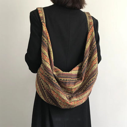 【バッグ】2WAY ヴィンテージ民族刺繍＆ストライプ キャンバス大容量バッグ ボディバッグ/ショルダーバッグ【SHシリーズ】