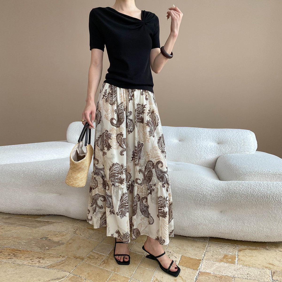 【ボトムス】フレンチバカンス風 フェザー柄切り替えデザイン ハイウエストゴム入りAラインスカート【SHシリーズ】【JZシリーズ】