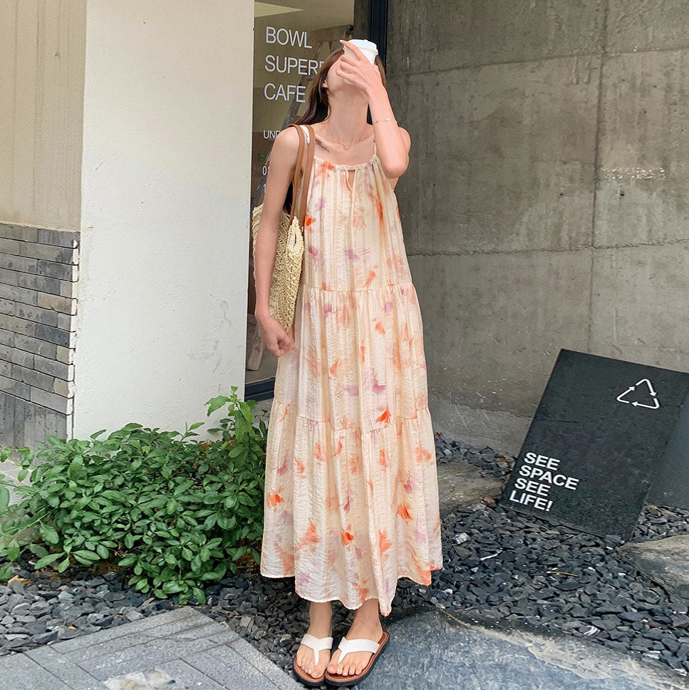 【ワンピース】フレンチ風プリント 夏らしい優美な雰囲気 ノースリーブキャミワンピース リゾート感たっぷり【SHシリーズ】