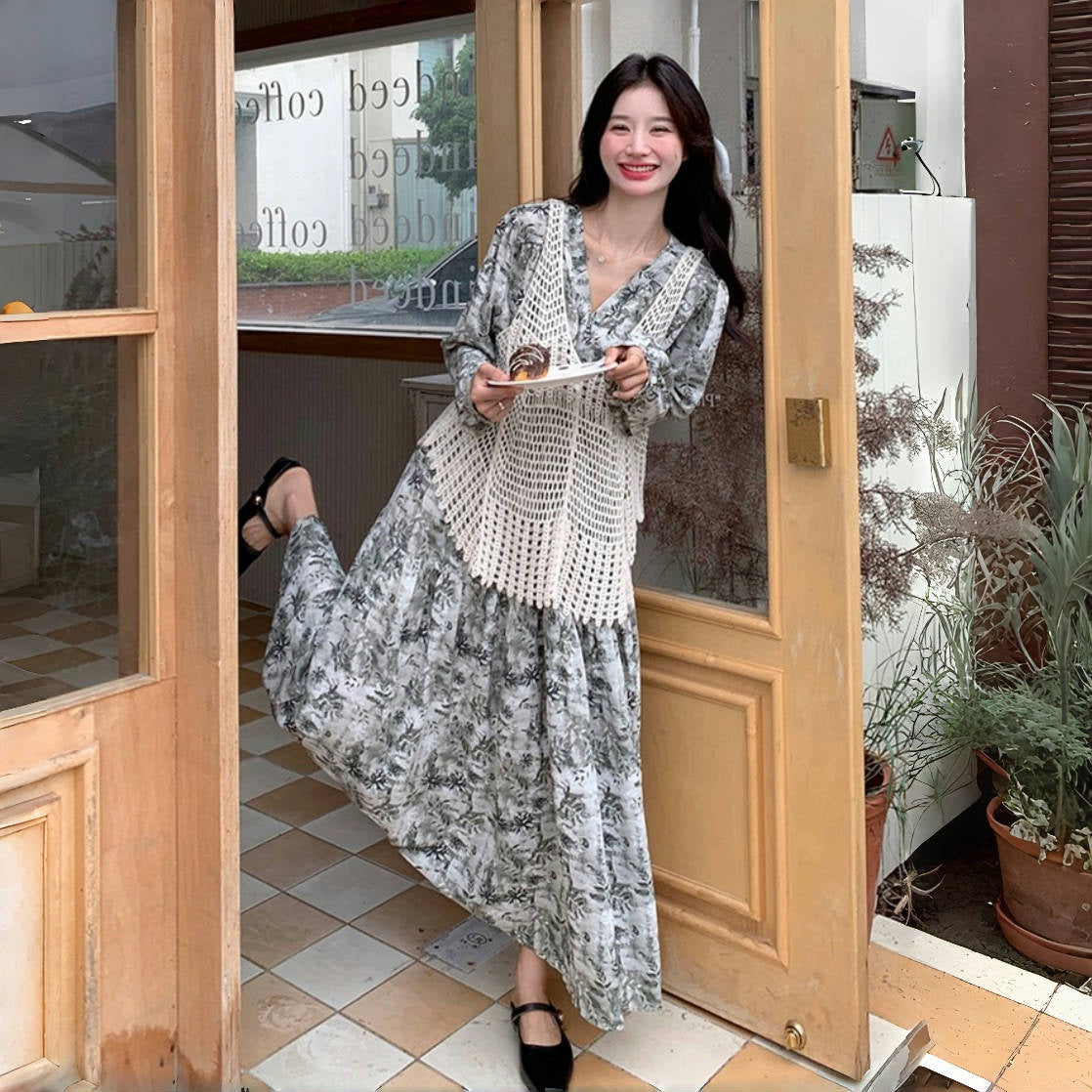 ベストプレゼント！【ワンピース】透かし編み 水墨画風花柄長袖ワンピース レディース 春秋 トレンド 超可愛い【SHシリーズ】