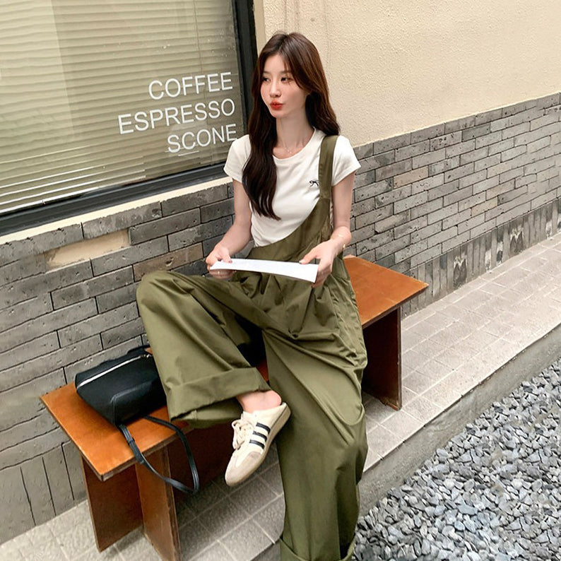 【ボトムス】韓国風 ミリタリーグリーン サロペット レディース ワイドパンツ ゆったり ハイウエスト 体型カバー リラックスコーデ 夏 オールインワン【JZシリーズ】