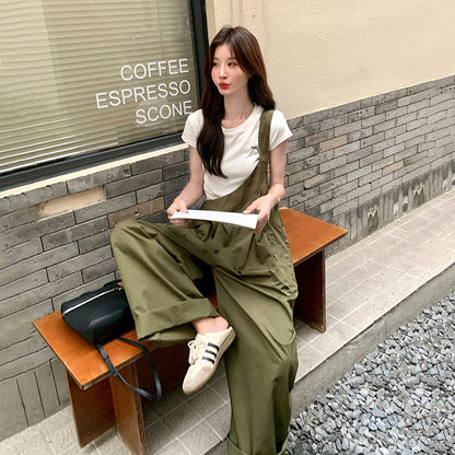 【ボトムス】韓国風 ミリタリーグリーン サロペット レディース ワイドパンツ ゆったり ハイウエスト 体型カバー リラックスコーデ 夏 オールインワン【JZシリーズ】