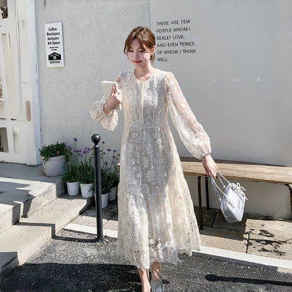 【ワンピース】気質よい レース 刺繍 着痩せ パフスリーブ 合わせやすい 長袖ワンピース【SHシリーズ】【JZシリーズ】