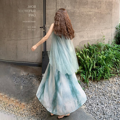 【ワンピース】夏  フレンチ風 タイダイ柄 森系 メッシュパッチワーク ノースリーブワンピース【SHシリーズ】