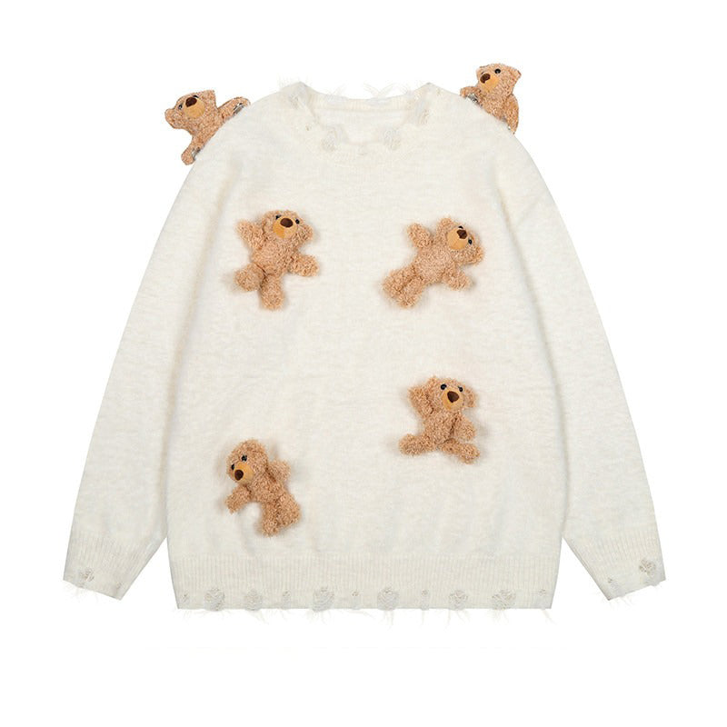 【トップス】ベアドール モチーフ カレッジ風 ニットセーター ユニセックス アメリカンレトロ デザイン カップル向け ニット【FCシリーズ】