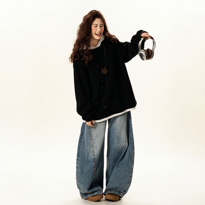 【トップス】フェイクレイヤード フードパーカー 春秋 男女兼用 ゆったり カジュアル トップス【FCシリーズ】