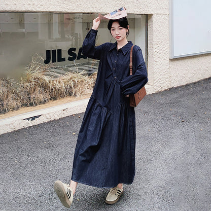 【ワンピース】レトロカジュアル ゆったりデニム 長袖ワンピース レディース フレンチエレガント 学院風 シャツワンピース【JZシリーズ】