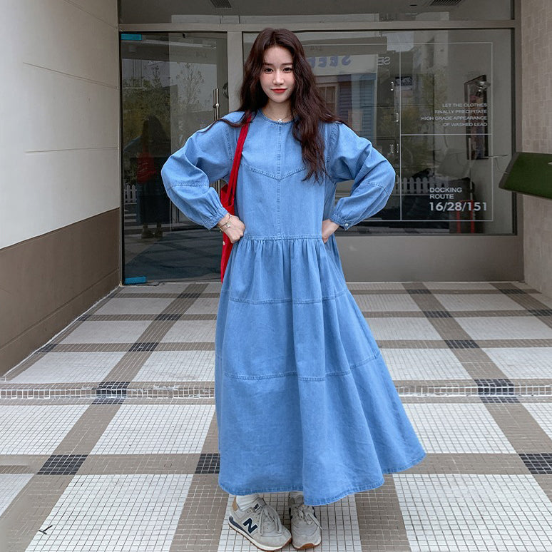 【ワンピース】デニムロング 長袖ワンピース 春秋 2025新作 レトロカジュアル 細見え 優しげフェミニン ドーパミンスタイル【JZシリーズ】