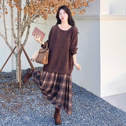 2点セット！【セットアップ】マラード風ゆる感ニット透かし編みカーディガン×チェック柄ノースリーブワンピースセット【SHシリーズ】