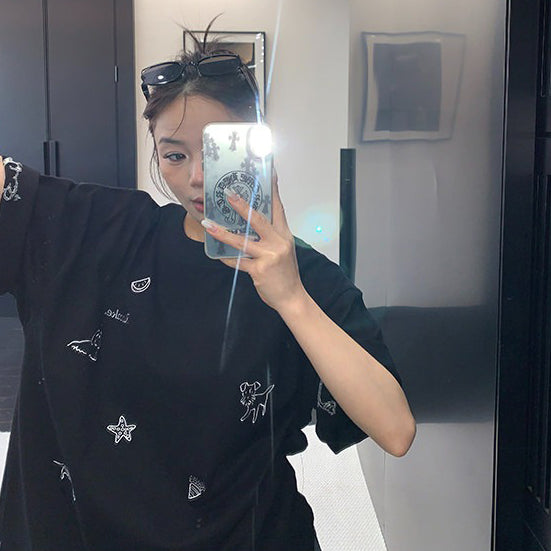 【トップス】カートゥーン刺繍Tシャツ レディース 夏 ルーズフィット 半袖 カジュアル【FCシリーズ】