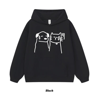 8カラー | S~3XL【トップス】猫犬イラスト 手描き風アメリカンプリント ヘビーウェイト フードパーカー ユニセックス ペアOK【FCシリーズ】