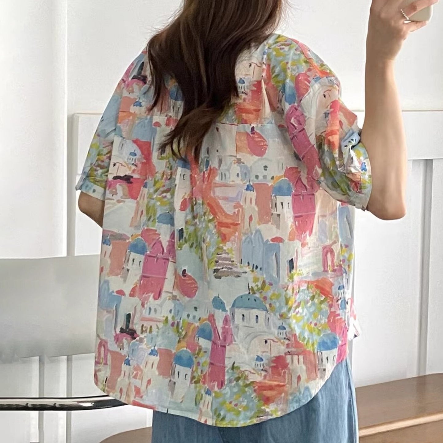 油畫風印花寬鬆襯衫｜夏季韓系顯瘦半袖上衣｜氣質通勤百搭襯衣【SH系列】
