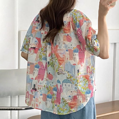 油畫風印花寬鬆襯衫｜夏季韓系顯瘦半袖上衣｜氣質通勤百搭襯衣【SH系列】