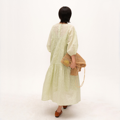【ワンピース】夏 青みグリーン 楊柳 コットン フレンチラウンドネック 半袖 ワンピース 【SHシリーズ】