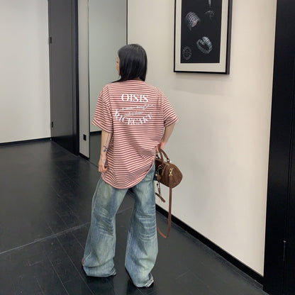 【トップス】レトロ風 ボーダーTシャツ レディース 半袖 オーバーサイズ ゆったりシルエット アメリカンカジュアル【FCシリーズ】