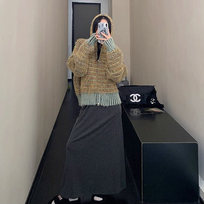 【トップス】🧸 レトロボーダーショートニットパーカー レディース 冬新作 小洒落感たっぷりの厚手カーデ【FCシリーズ】
