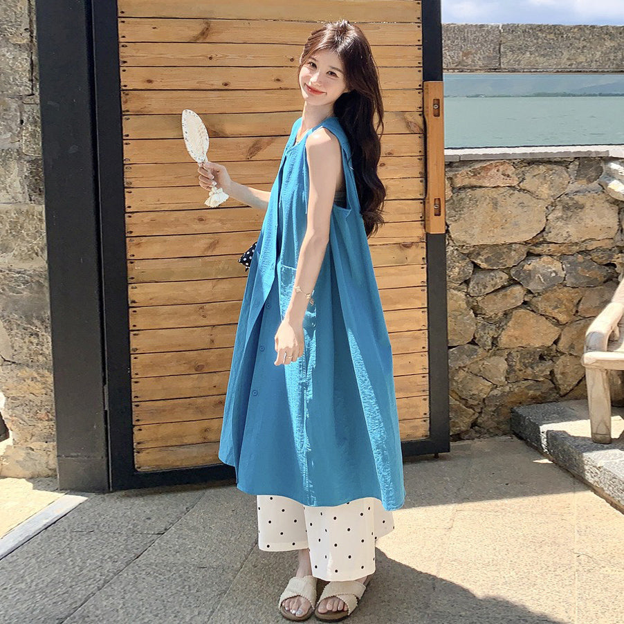 2点セット！【セットアップ】優しい系 ノースリーブシャツワンピース＋ ドット柄 ワイドパンツ 重ね着でおしゃれ