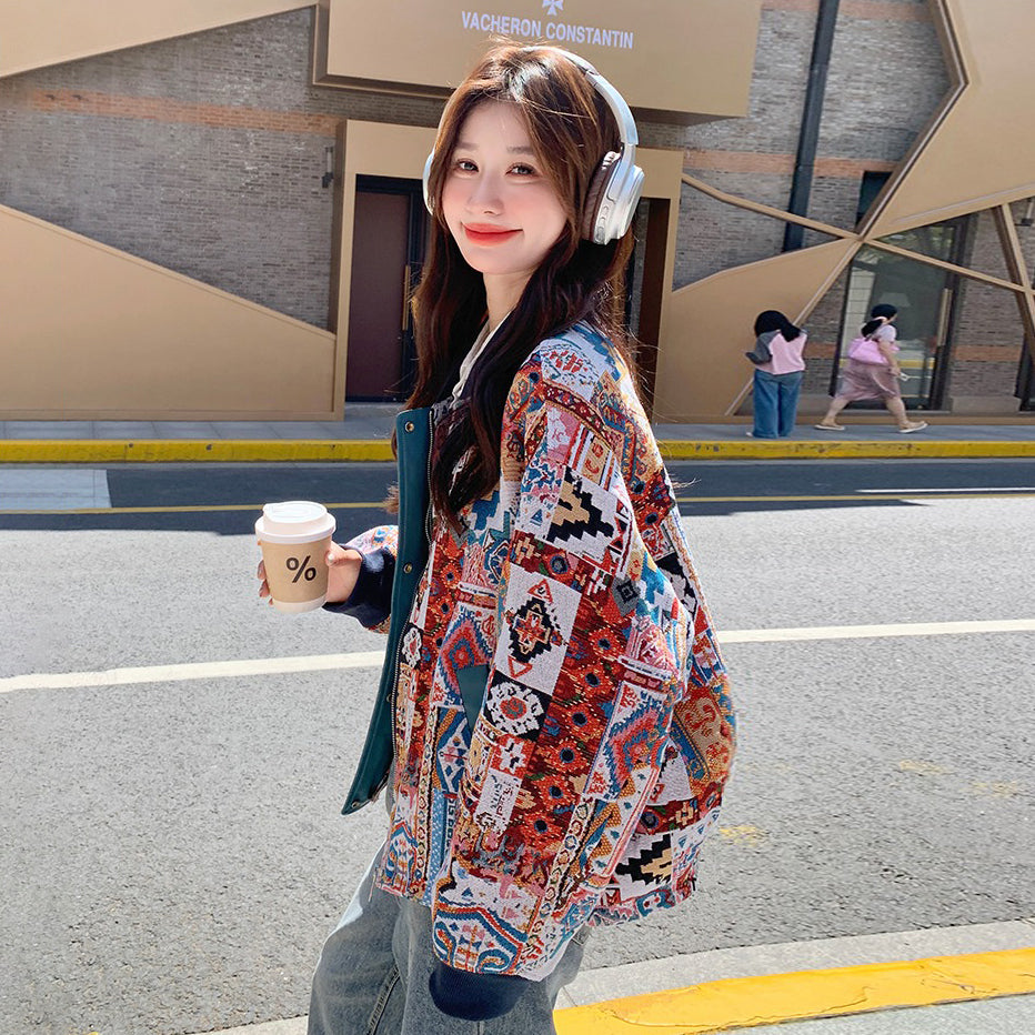 【アウター】超可愛い エスニック柄おしゃれスタジャン レディース 春秋 人気 韓国風ジャケット【SHシリーズ】