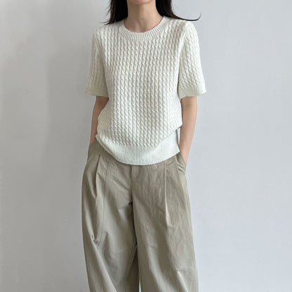 【トップス】韓国系 ニットTシャツ レディース 編み柄デザイン 半袖 細見え シンプルブラウス【JZシリーズ】