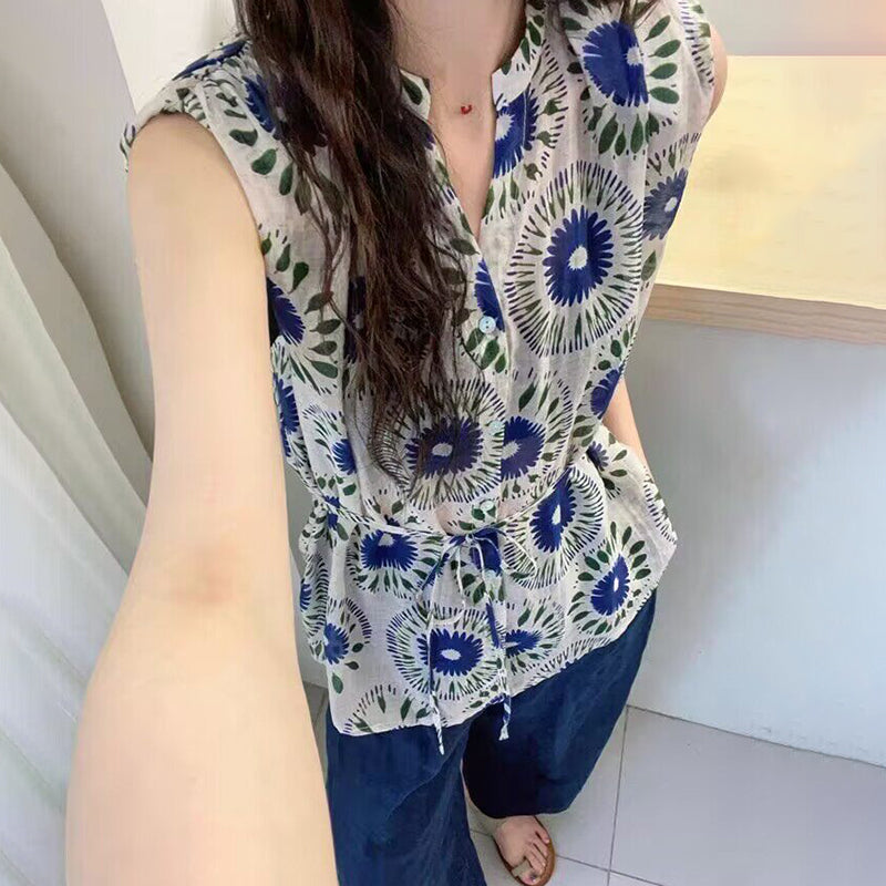 期間限定⭐️60%OFF【トップス】ボヘミアン リゾート風 レトロ ノースリーブシャツ レディース  夏新作 軽量 通気性 ウエストマーク 体型カバー ナチュラル カジュアル サマートップス【SHシリーズ】